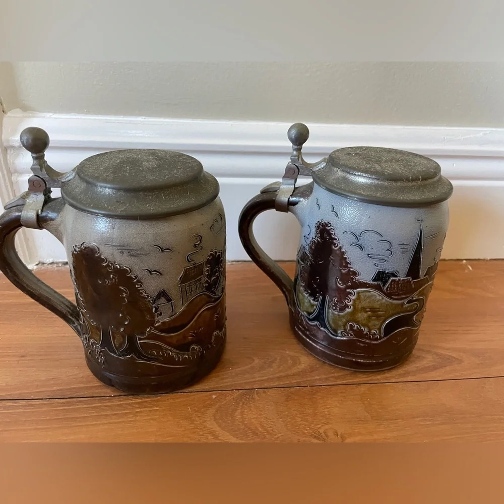Vintage German Beer Steins / Mugs with Pewter Lids - Handarbeit B.E. - Set of 2